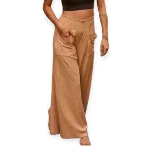 FREE PEOPLE MOVEMENT Blissed Out Ribbed Wide-Leg Pants Tan Size Medium